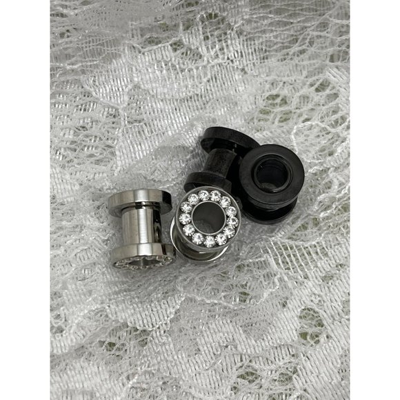 Rhinestone Silver and Black Screw Top Tunnels - Set of 2 - Picture 6 of 8